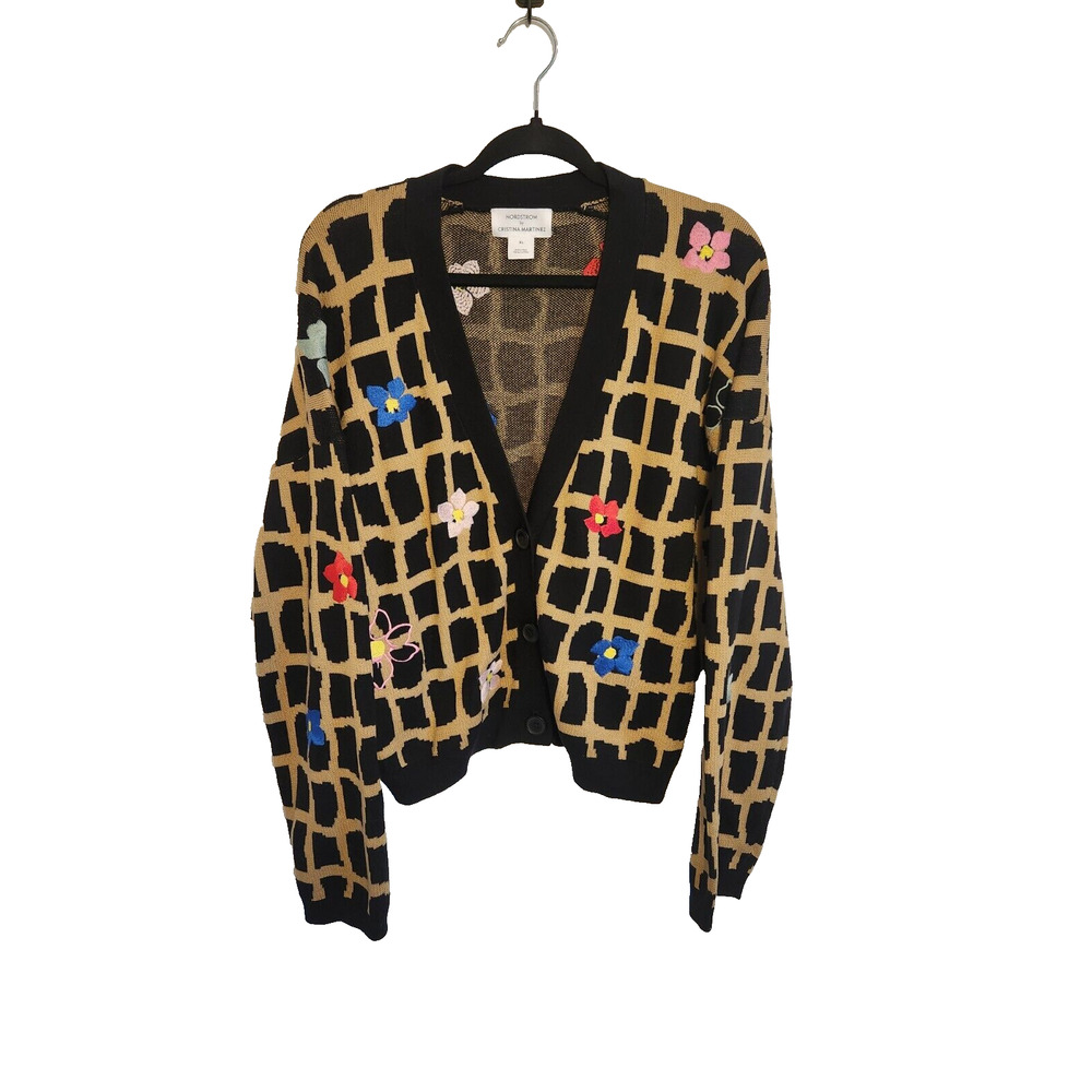 Nordstrom Black and Tan Grid Cardigan with Floral Accents